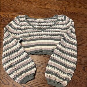 Striped Crochet Crop Sweater in Green, Pink & Cream